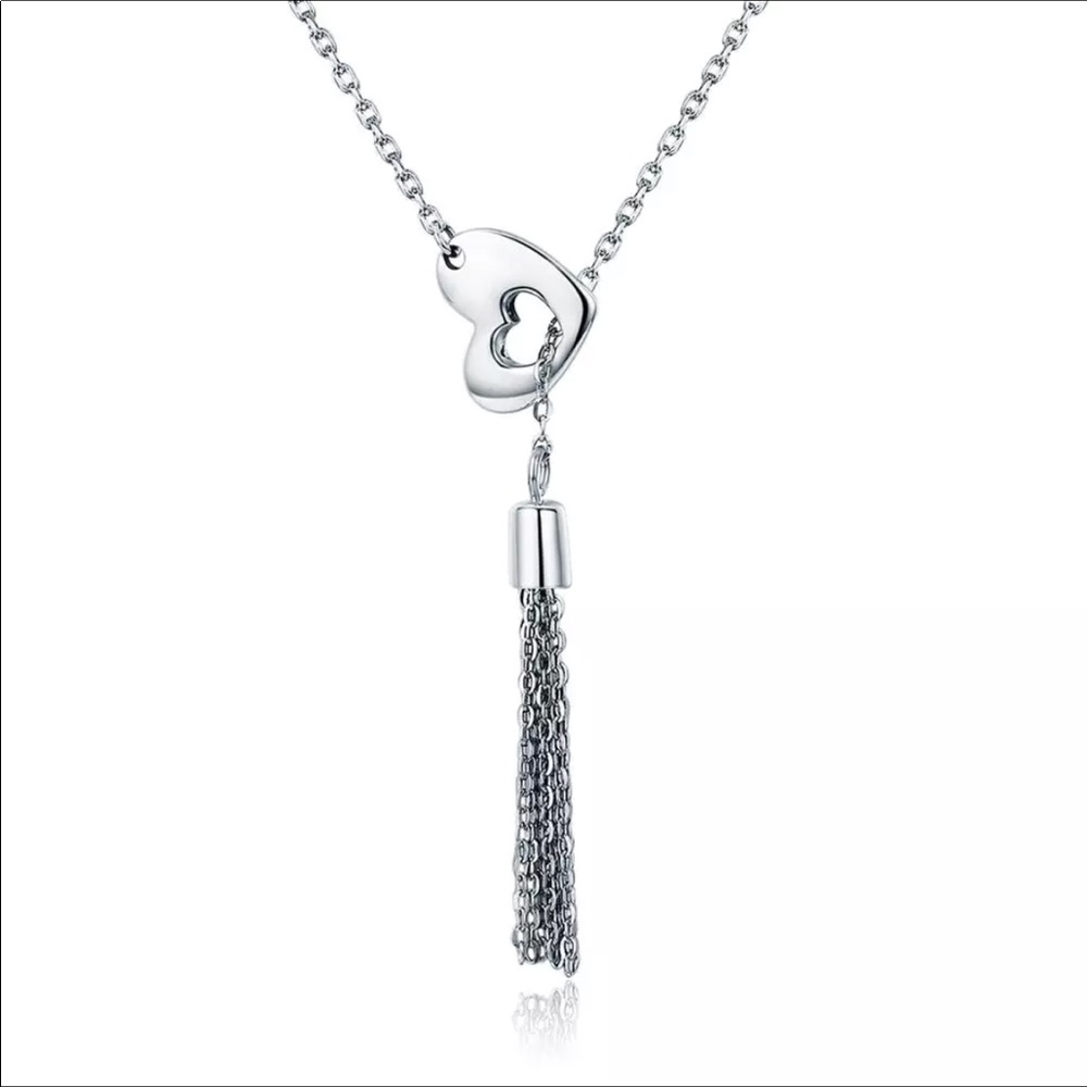Solid Sterling Silver Love Heart Tassel Necklace